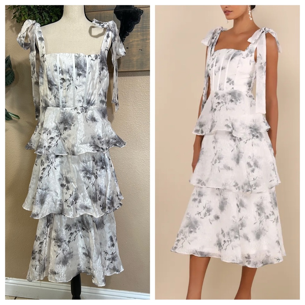 NWT Lulus Compellingly Gorgeous Ivory Floral Tiered Tie-Strap Midi Dress